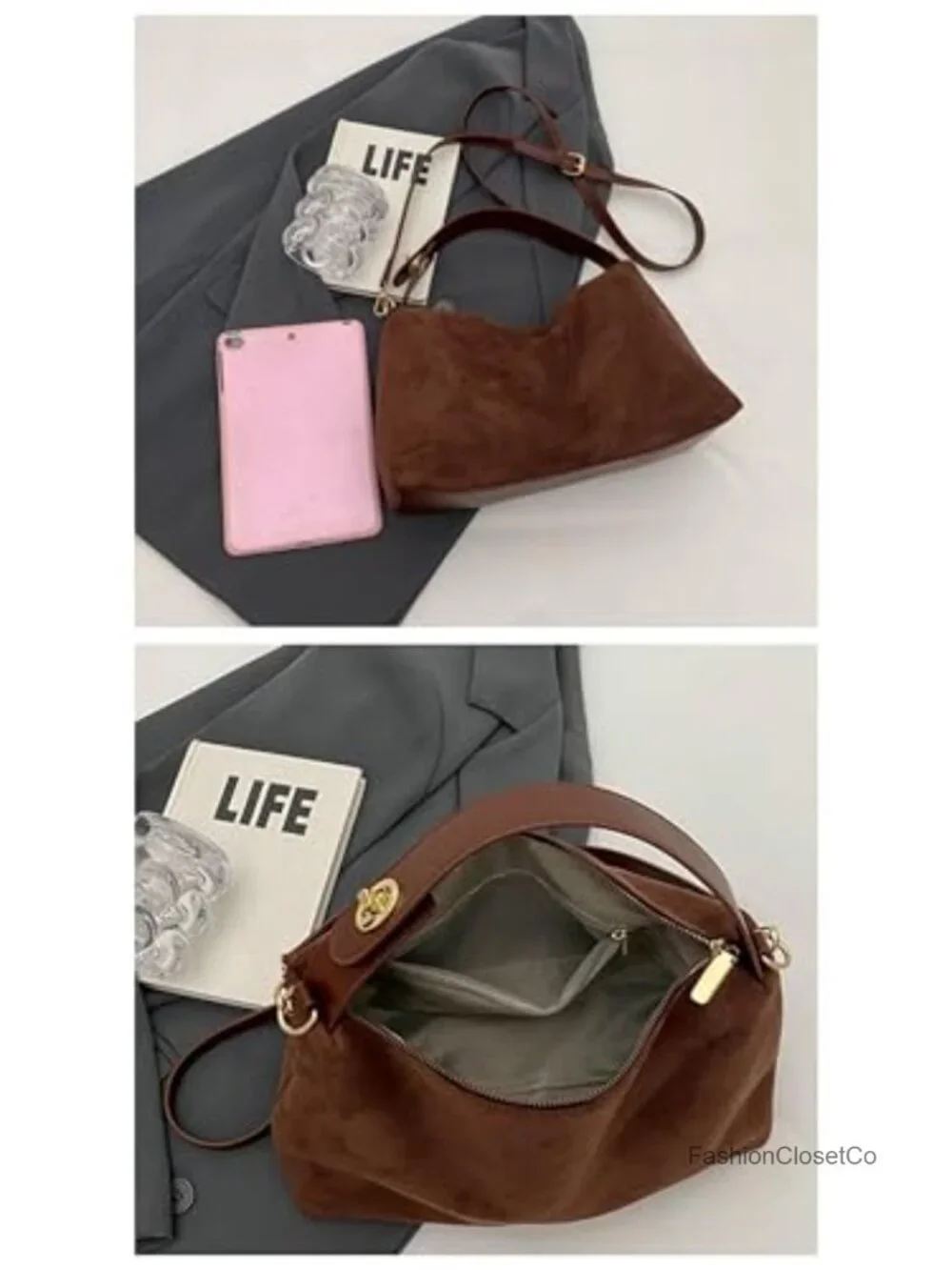 Faux Suede Slouchy Hobo Bag Crossbody Shoulder Tote Purse